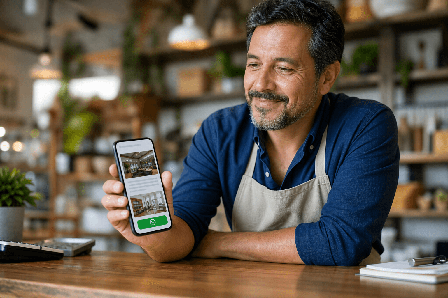 Dueño de un negocio local mostrando su web en el móvil con botón de WhatsApp